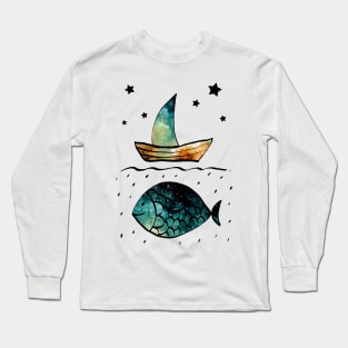 Watercolor Starry Sky, Fish and Sail Boat Long Sleeve T-Shirt